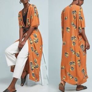 Anthropologie Bel Kazan Duster Kimono Shawl Open Front Jacket Orange One Size